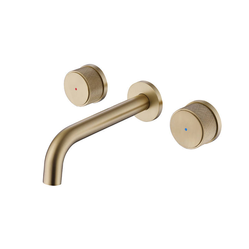 All-copper concealed washbasin faucet, cold and hot round mesh double-hand wheel handle, wall-mounted faucet, bathroom faucet Item Picture