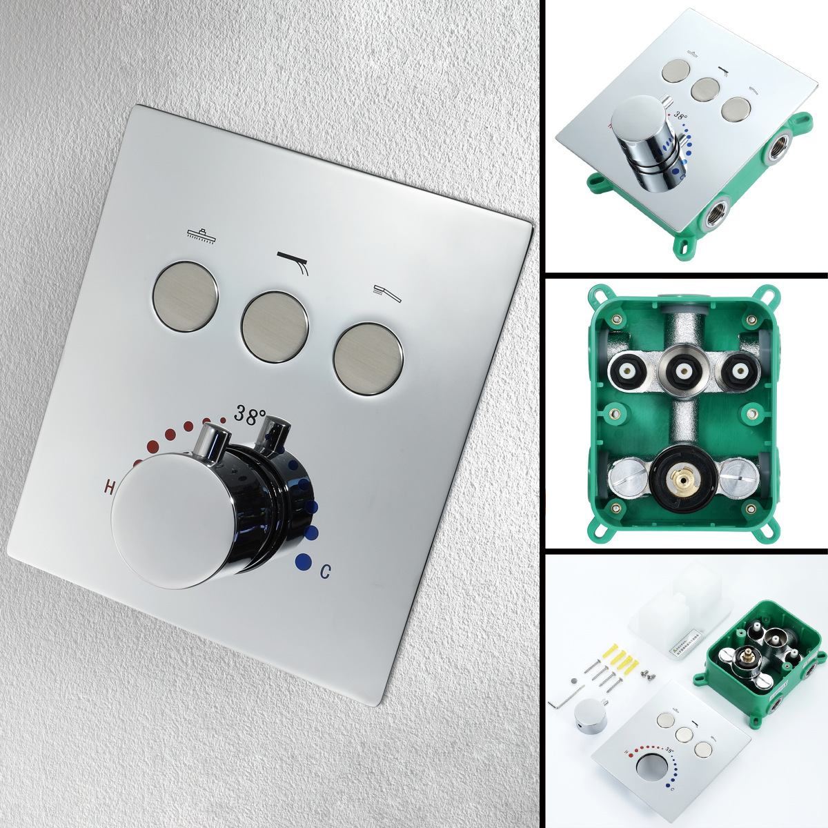 HIDEEP three-function showerhead mixing valve embedded in the wall, black thermostatic switch button control valve Specification drawing