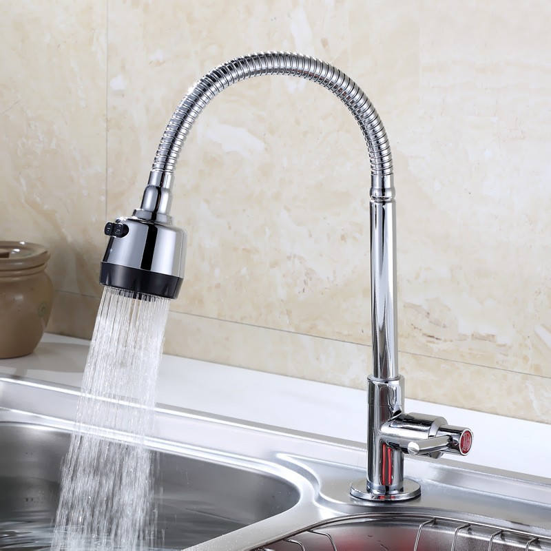 Alloy copper core round vertical large bend kitchen basin, single cold gooseneck faucet, water purifier, universal rotating faucet Application Scenario