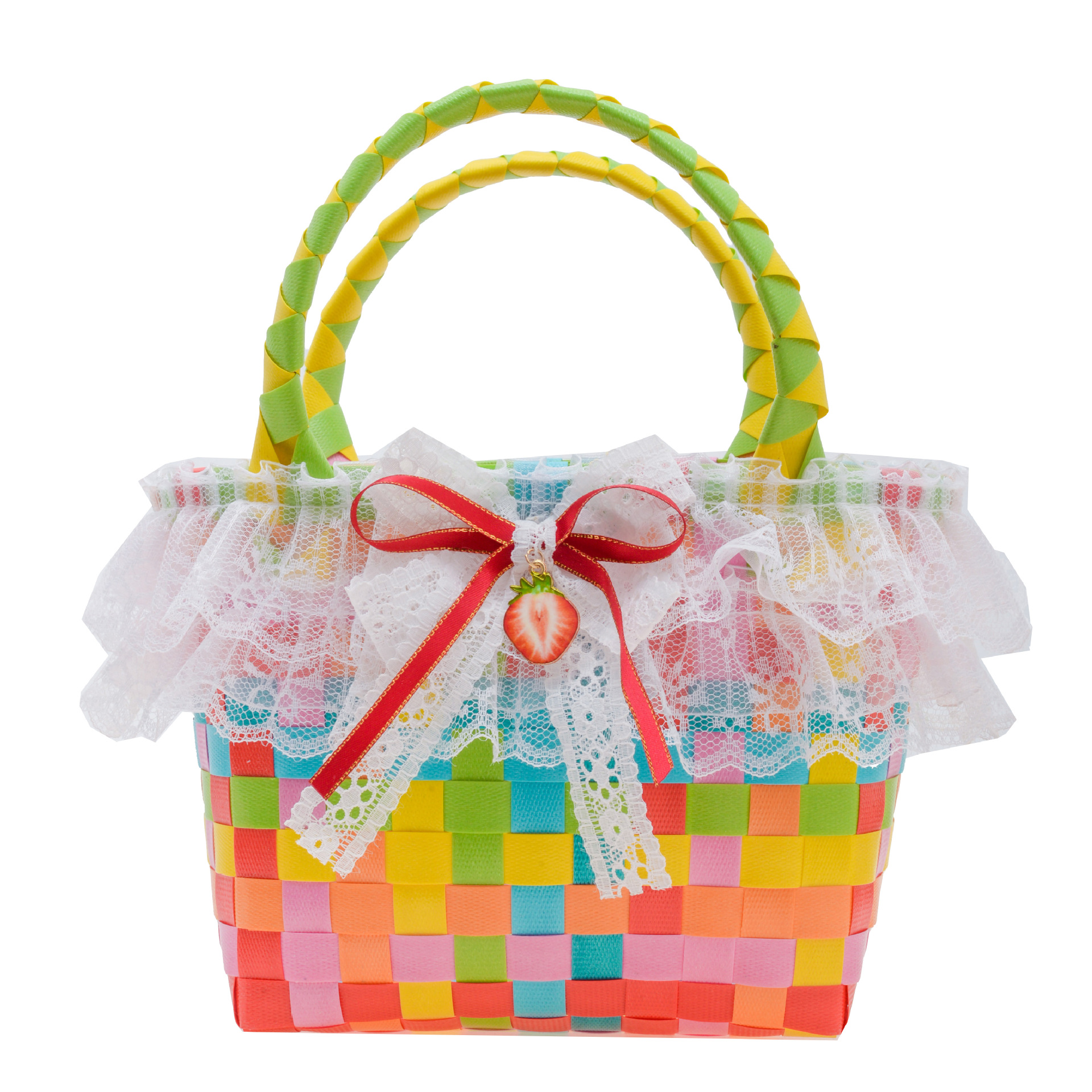 PVC girl's heart woven colorful checkered color-blocking bow lace fringed girl's candy-colored hand-held basket bag Application Scenario