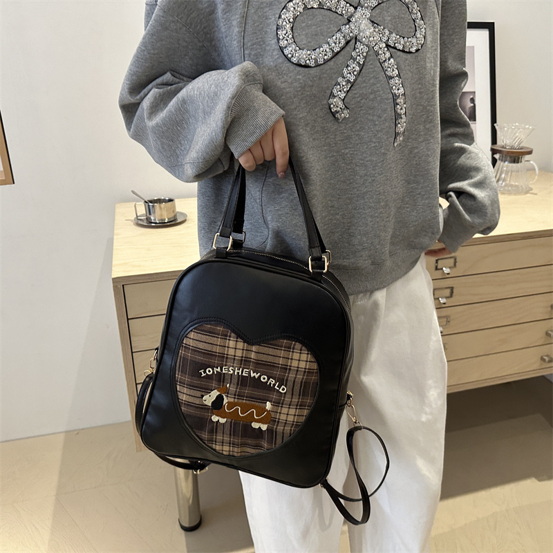 Korean retro cartoon puppy backpack for women, 2024 new autumn checkered bag, large-capacity commuting crossbody bag Specification drawing