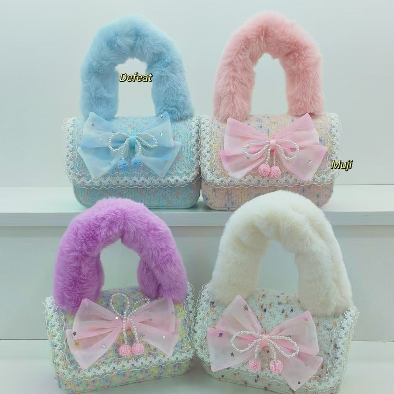Bow plush handbag, princess bag, shoulder bag, crossbody bag, fashionable little girl coin purse, cute accessory bag full figure