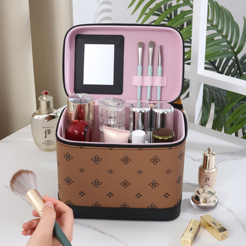 New large-capacity cosmetic bag with a fashionable and textured printed box, hand-held cosmetic case, small square bag with mirror, Amazon Item Picture