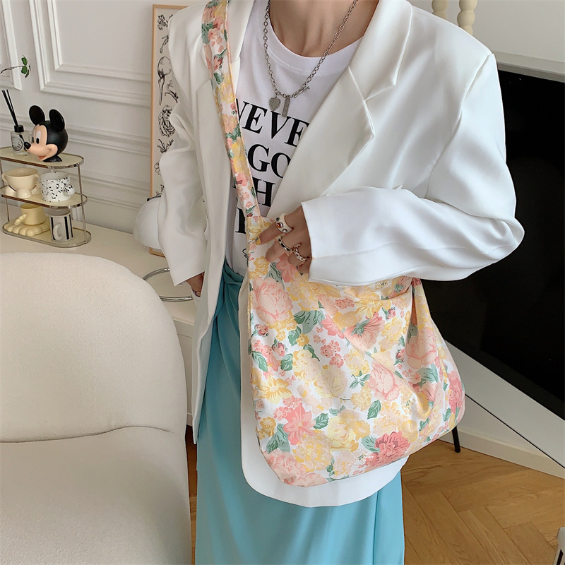 13165 Korean-style ins fresh flower bag for Spring and Summer, thin pure cotton shoulder bag, crossbody bag, large capacity women's bag details Picture