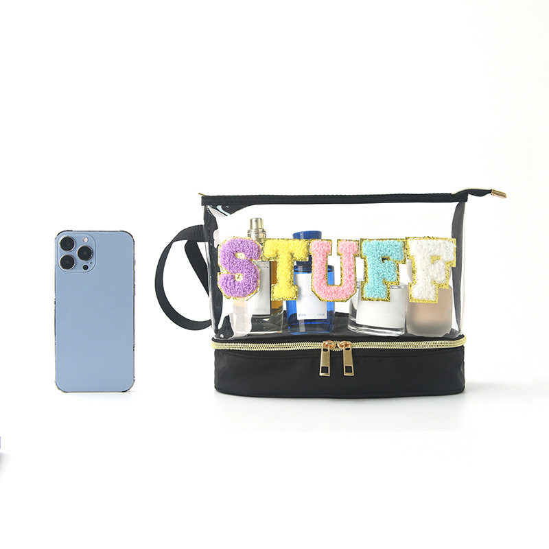 Amazon embroidery storage bag, PVC transparent double opening letter cosmetic bag, travel toiletries bag, large capacity cosmetic bag Specification drawing