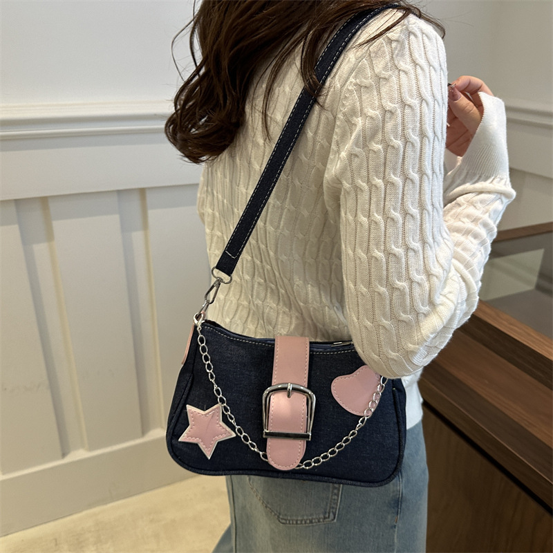 Korean retro denim bag for women's autumn 2024 new style single-shoulder crossbody bag, high-end and versatile ins underarm bag Specification drawing