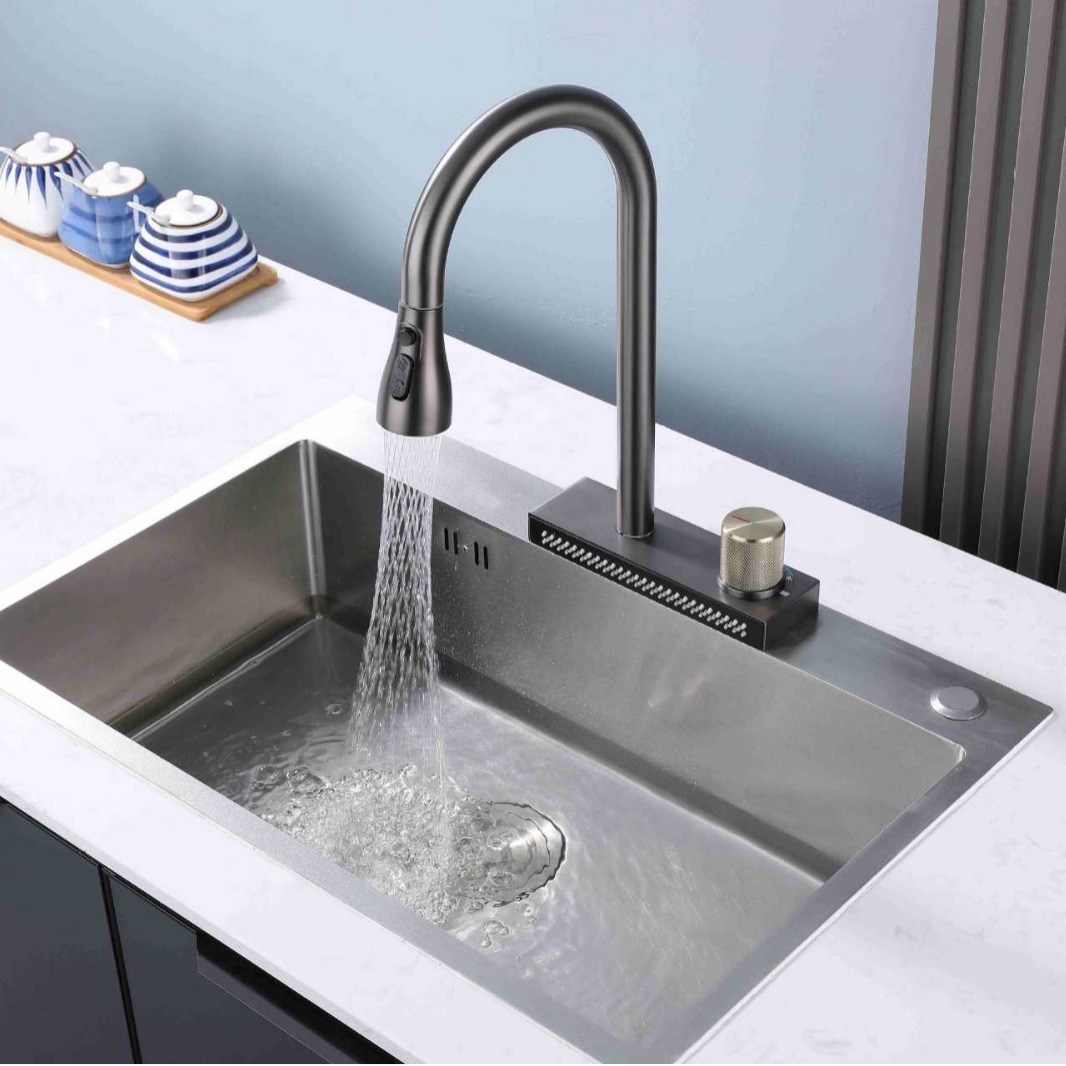 Stainless steel kitchen pull-out faucet, rain waterfall water outlet, kitchen faucet, pull-out sink, cold and hot water faucet Specification drawing