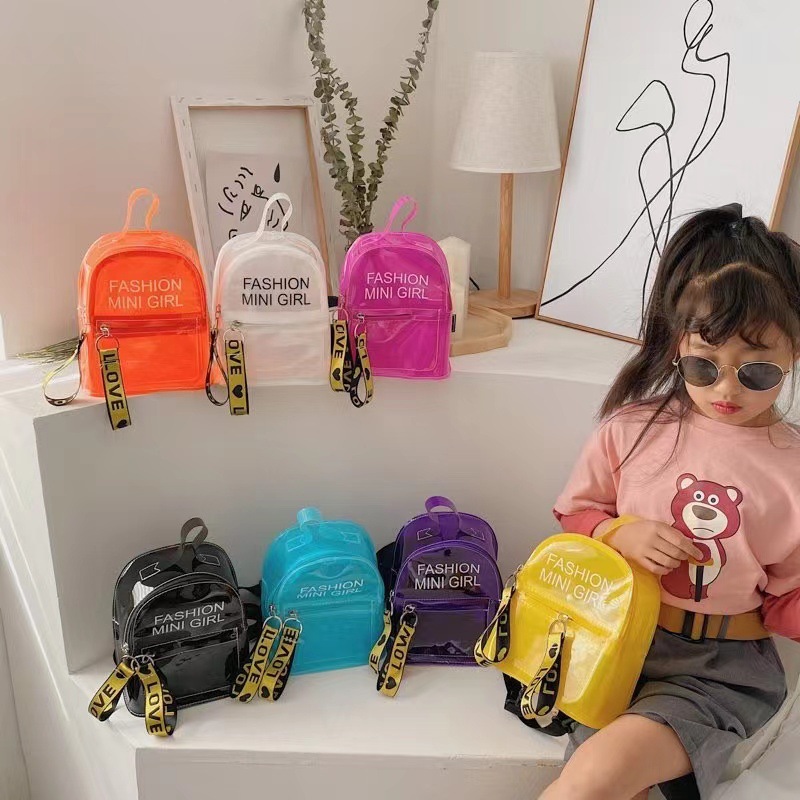 Printed logo children's jelly transparent pvc backpack, girls' bag mini backpack, Korean version trendy student schoolbag full figure