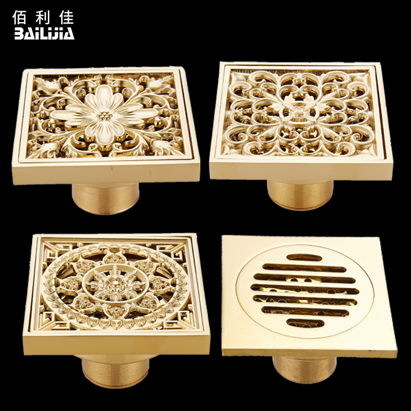 European-style gold anti-odor and anti-insect all-copper floor drain for bathroom, toilet and balcony, gold-plated leakage and brass drainage floor drain full figure