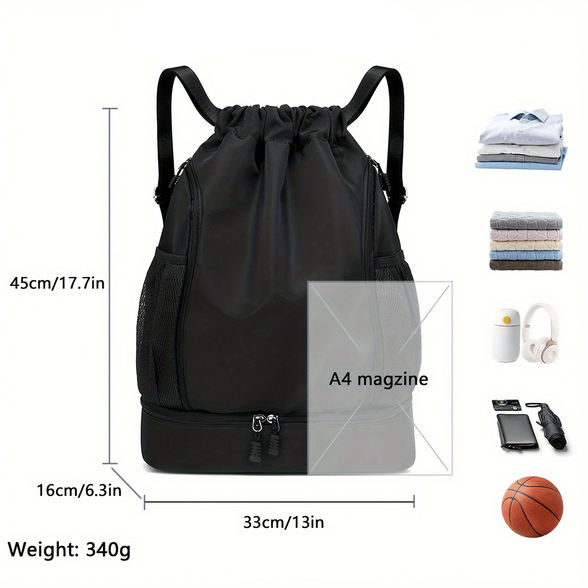Cross-border bestsellers of basketball bags, Amazon's large-capacity fitness swimming bag, drawstring football, drawstring shoulder sports backpack Specification drawing