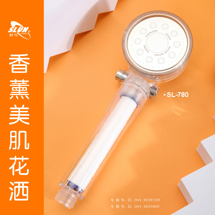 The popular and best-selling SL780 pressurized filtration aromatherapy showerhead features a one-button water stop and chlorine removal pressurized showerhead details Picture