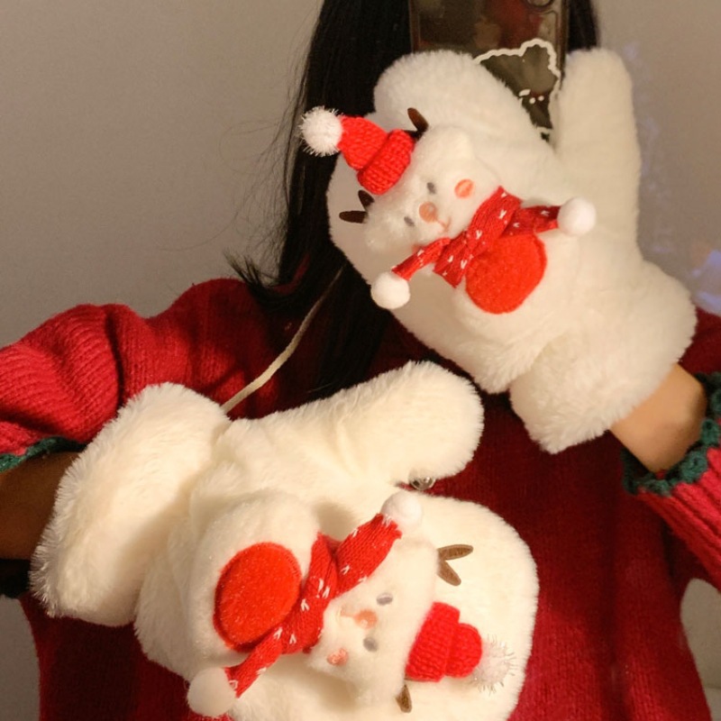 Christmas-themed cute snowman winter warm gloves, plush mitten gloves, student cycling neck-hugging cold-proof gloves Item Picture