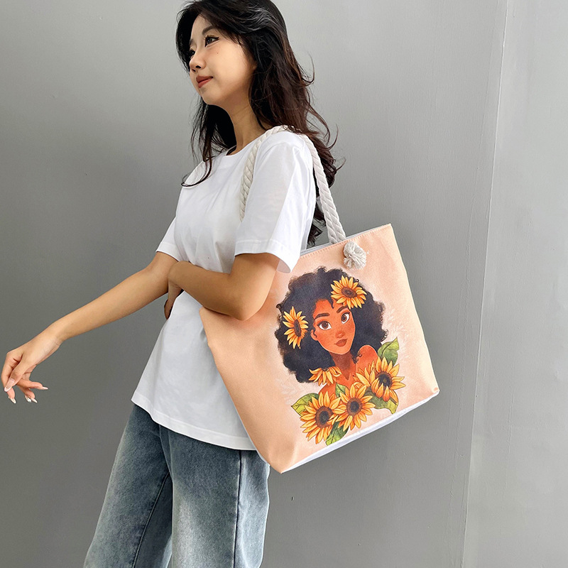 Ethnic style large hemp rope bag, double-sided embroidery with gold thread, single-shoulder bag, large capacity canvas bag, Thai tote bag full figure