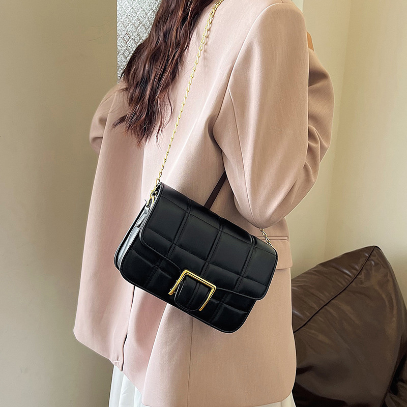 2025 New style simple belt-decorated chain crossbody bag, small square bag for women, checkered texture single-shoulder bag for ladies Specification drawing