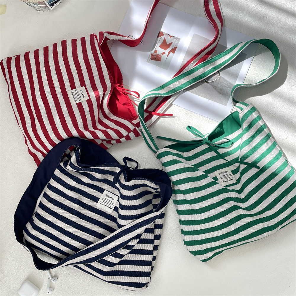53221 Casual striped canvas bag for women, 2025 New large-capacity commuter tote bag, double-sided shoulder, single-shoulder crossbody full figure