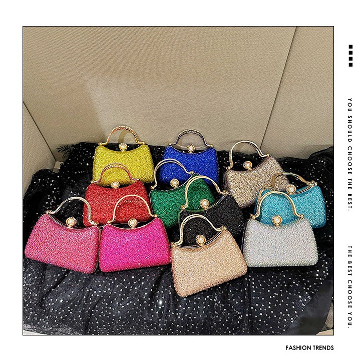 European and American cross-border diamond-encrusted dinner bags, evening wear clutch bags, colorful diamond and pearl handbags, women's banquet dress wrist bags details Picture
