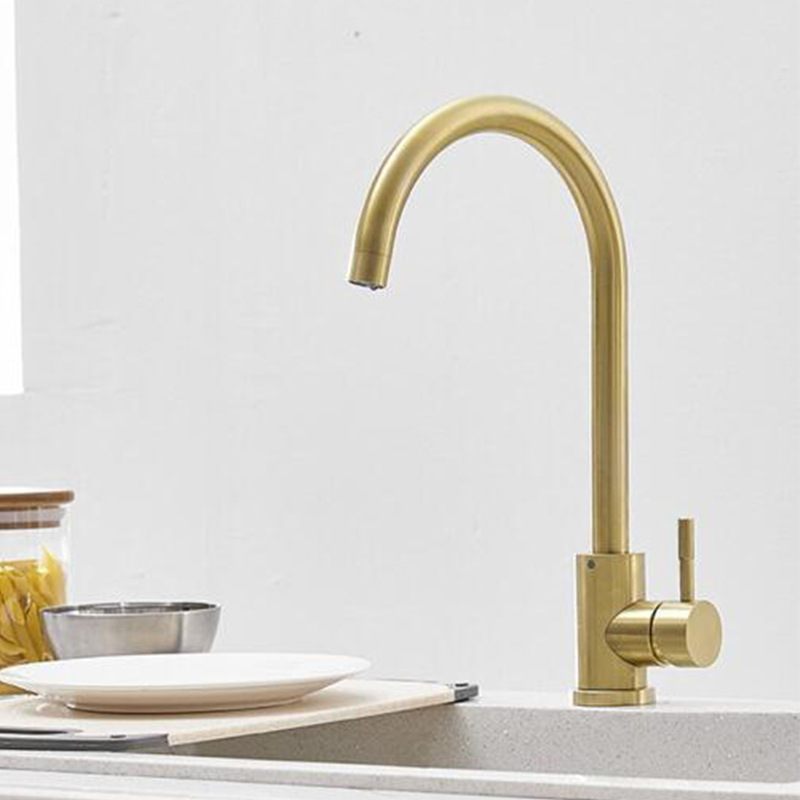 The kitchen hot and cold water faucet is rose gold with a large golden bend. It is a stainless steel household sink and a rotatable sink faucet details Picture
