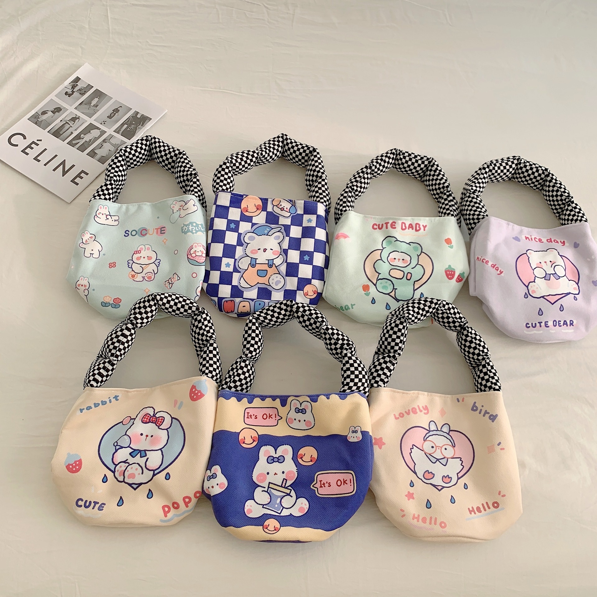21151 Korean-style ins cotton shoulder strap bucket bag for girls, cute printed student hand-carry bag, portable full figure