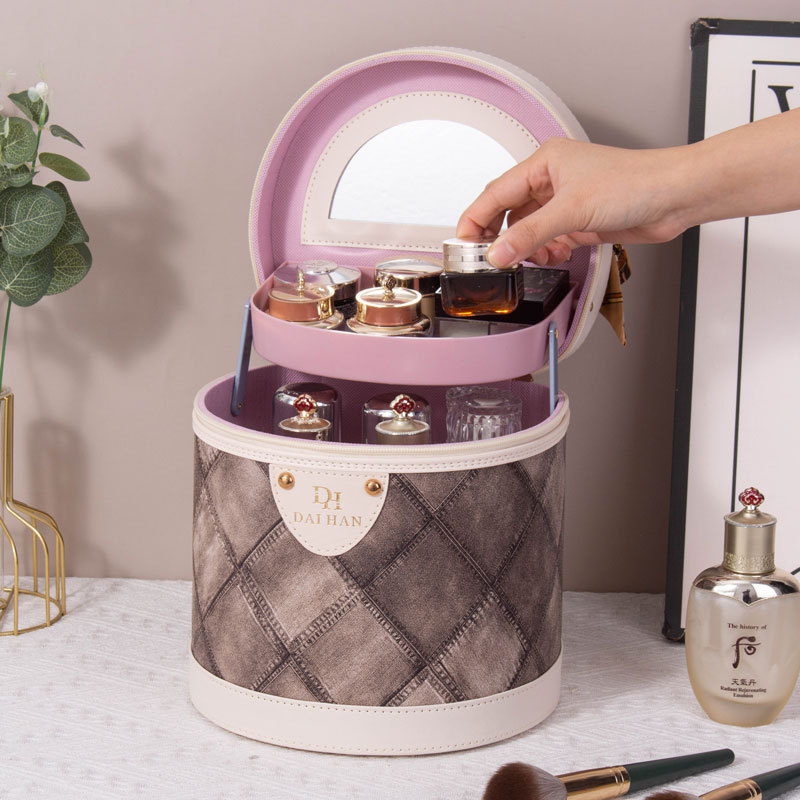 Maillard Color bucket bag, double-layer makeup box, high-end souvenir makeup bag, multi-functional with mirror, waterproof hand-held details Picture