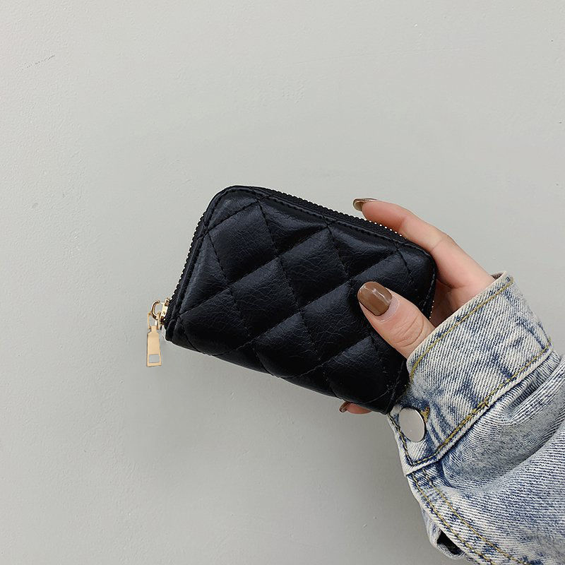 Factory wholesale card case for women, small diamond grid anti-theft, European and American fashion, zipper, multiple slots, anti-demagnetization, large capacity details Picture