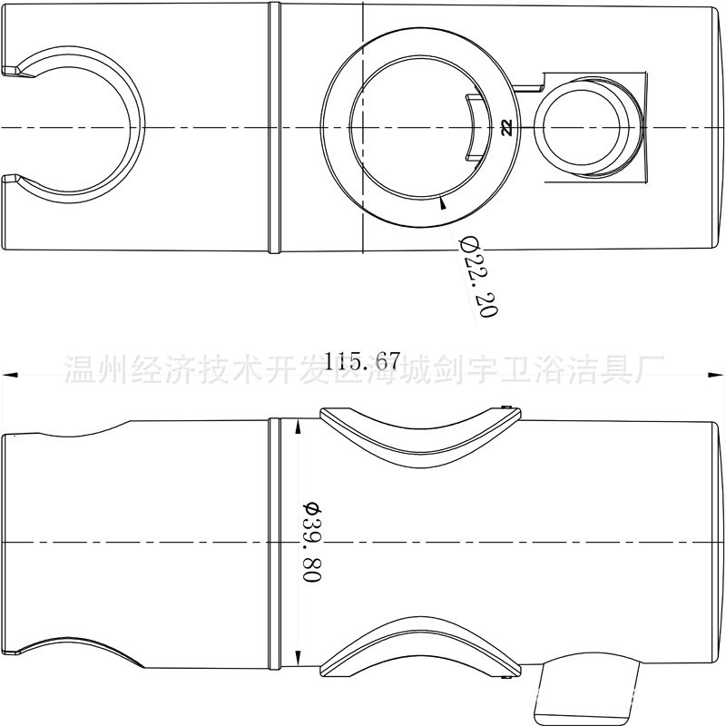 Xiamen high-standard electroplated lifting pipe universal sliding sleeve, middle fork shower head socket bracket, shower rod 22mm - 25mm sliding sleeve Specification drawing