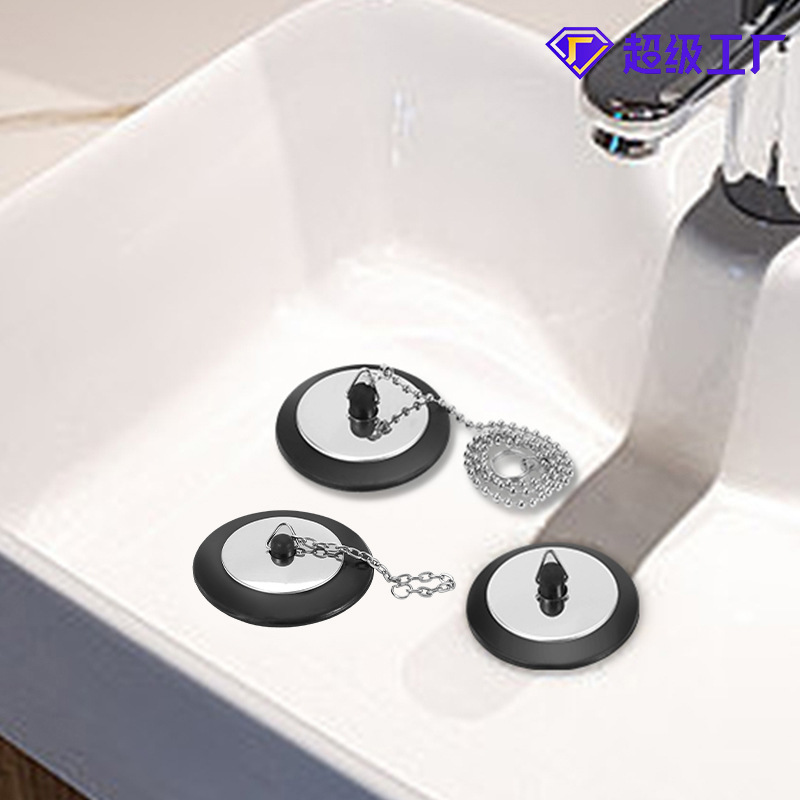 Wholesale rubber belt chain bathroom washbasin water stoppers in stock, thickened sealing anti-corrosion and anti-odor drainage stoppers for hotels details Picture
