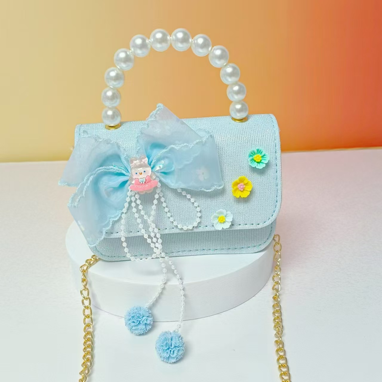 Bow pearl handbag, princess single-shoulder crossbody coin accessory bag, girl chanel-style children's chain square bag Specification drawing