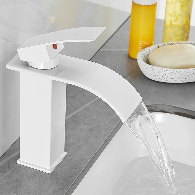 White waterfall faucet, Nordic flat mouth washbasin faucet, bathroom hand washing and face washing countertop basin, cross-border supply Application Scenario