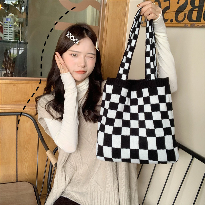 110281 knitted checkered bag for women, new autumn and winter casual tote bag, large capacity hand-held canvas bag, ins details Picture
