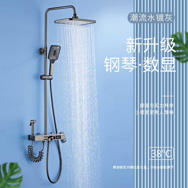 Bathroom: All-copper smart ambient light, constant temperature digital display, pressurized piano, shower head set, rain shower, home bathroom, gray details Picture