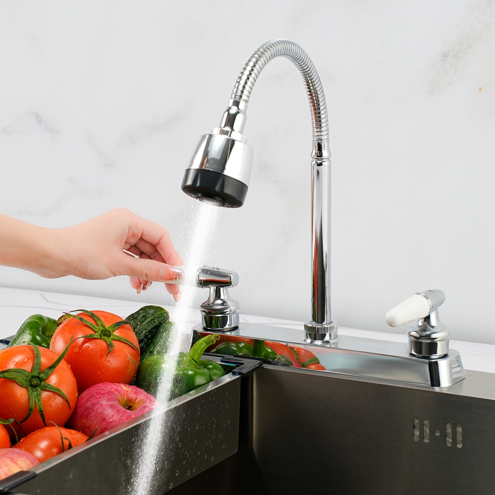 Cross-border RV kitchen dual-interface faucet, Amazon dual-handle kitchen 360-degree rotating faucet Specification drawing