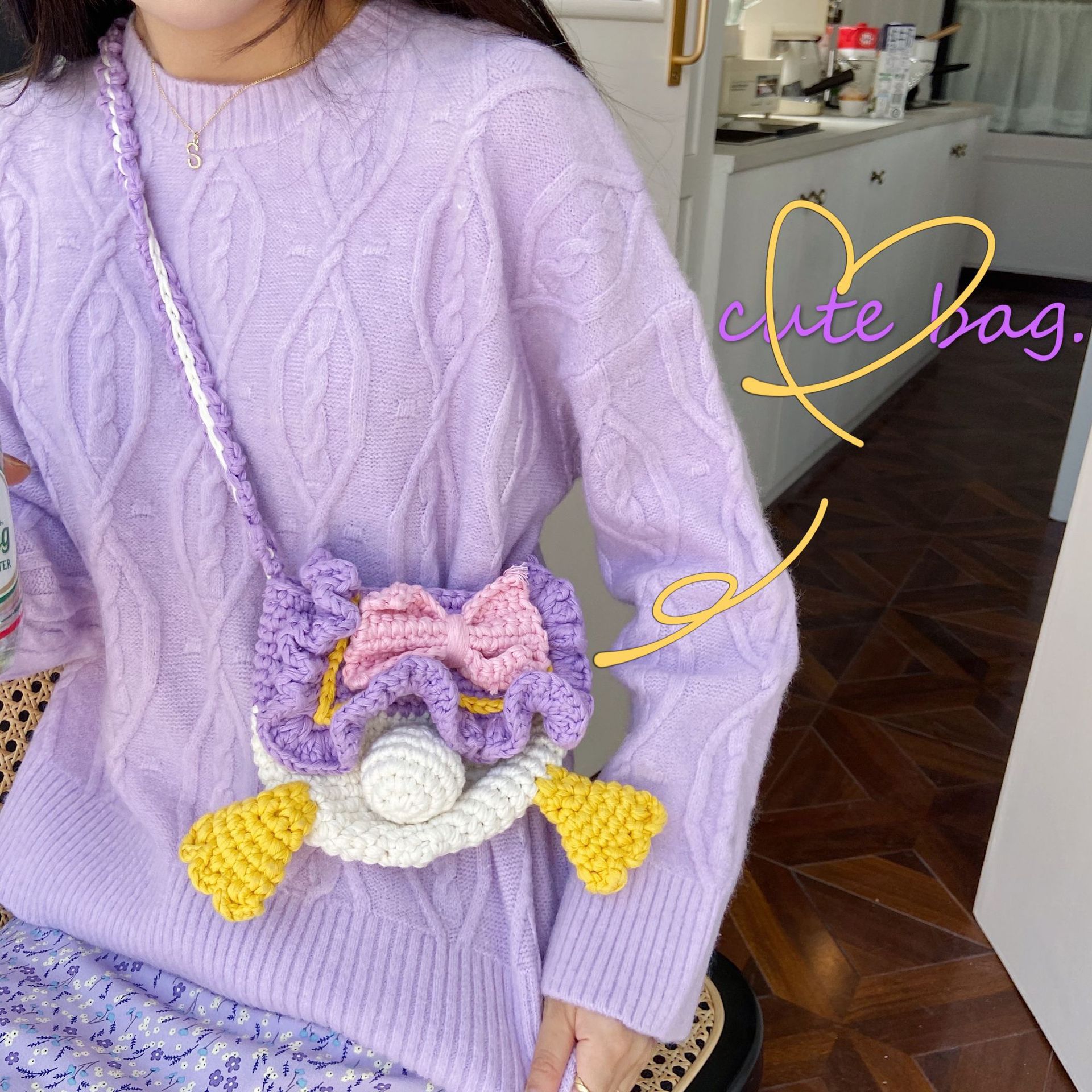09201 hand-woven bag, hand-sewn cartoon cute duck bottom, versatile woolen single-shoulder crossbody, color-blocking bag full figure