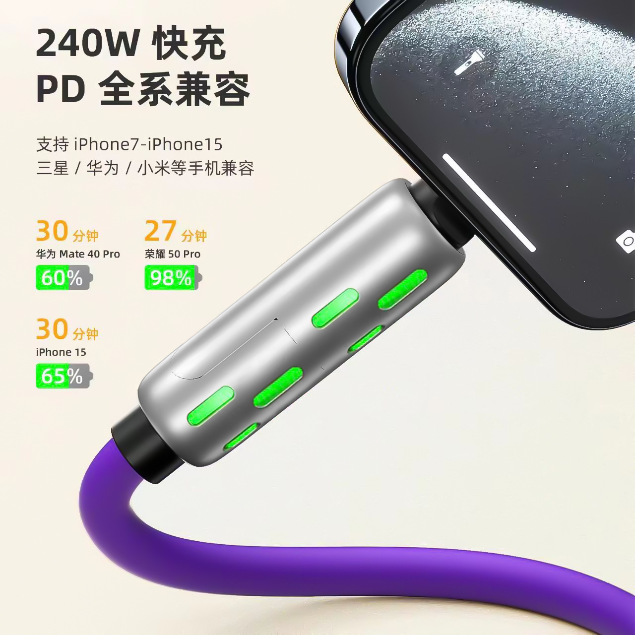 240W four-in-one seven-color breathing light data cable, two-in-one silicone fast-charging cable, compatible with multiple mobile devices Specification drawing