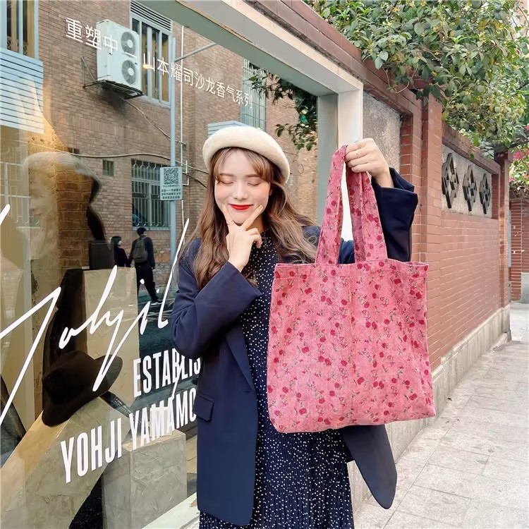 0133 ins Pink Rose Artistic Retro single-shoulder bag for Women, simple corduroy student cloth bag, large capacity tote bag full figure