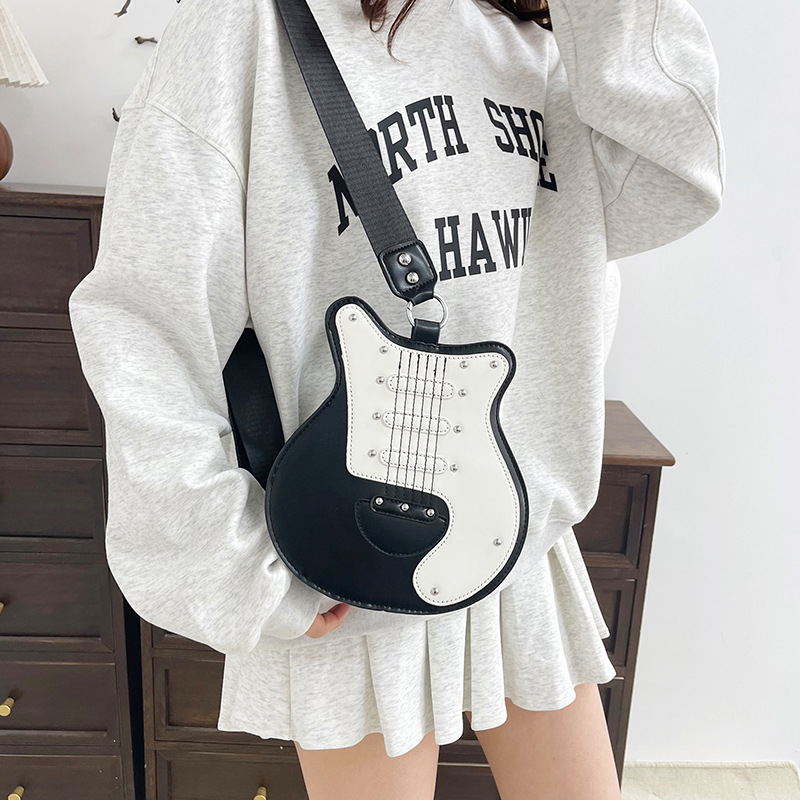 Cross-border 2025 Women's Bag, European and American single-shoulder bag, guitar-shaped rivet women's bag, personalized color-blocking crossbody bag details Picture