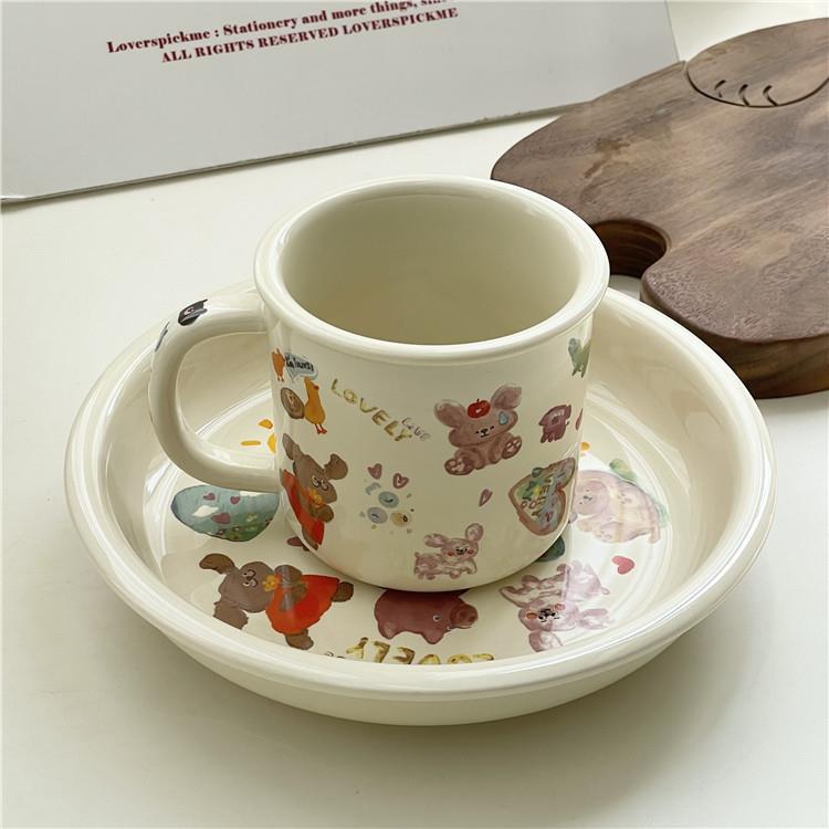 Korean-style ins cute and playful tableware, girls' cream graffiti ceramic plates, dessert bowls, breakfast milk cups tableware details Picture
