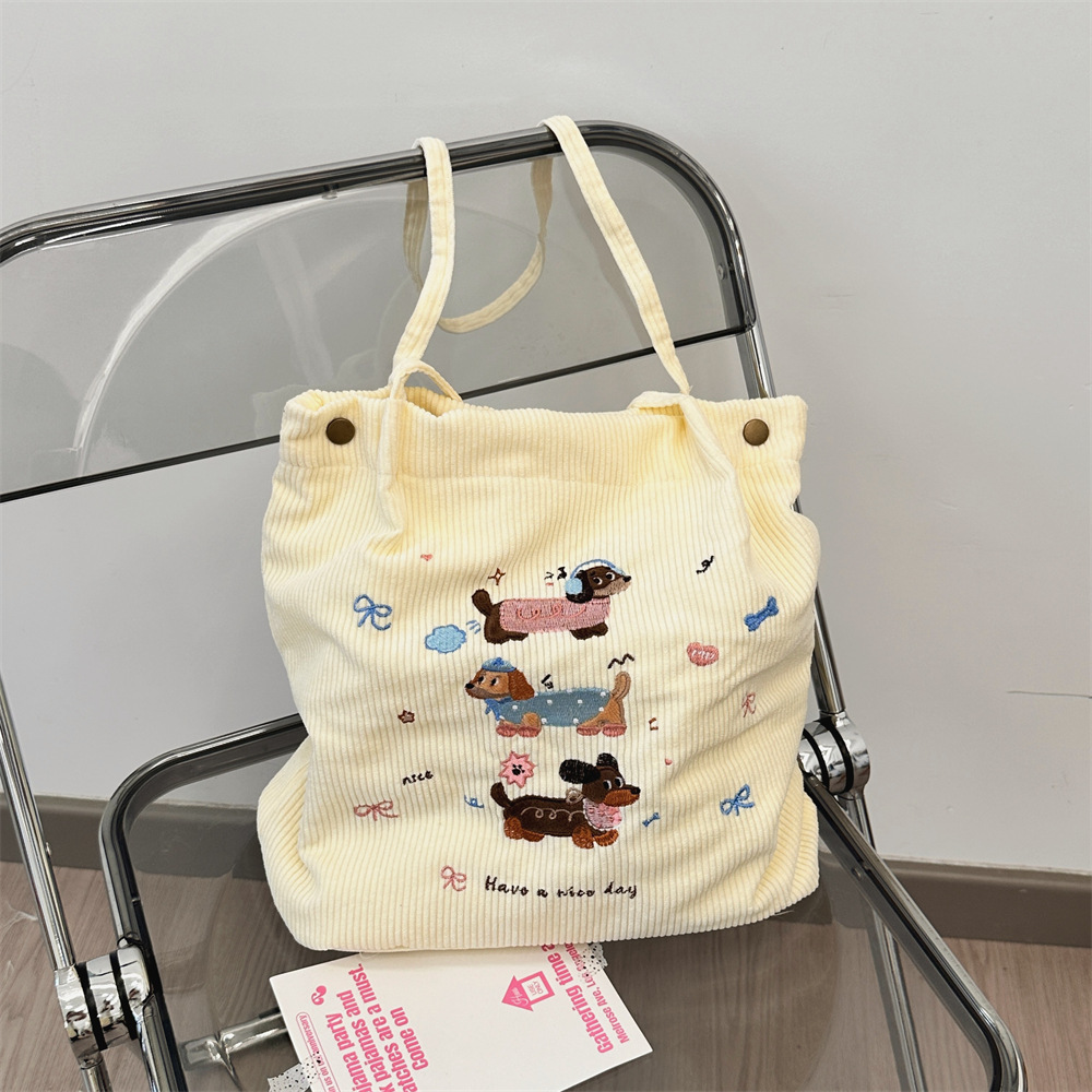 49271 Cute Cartoon Dog embroidered autumn and winter corduroy bag, girls' class bag, large capacity single-shoulder bag for students Item Picture