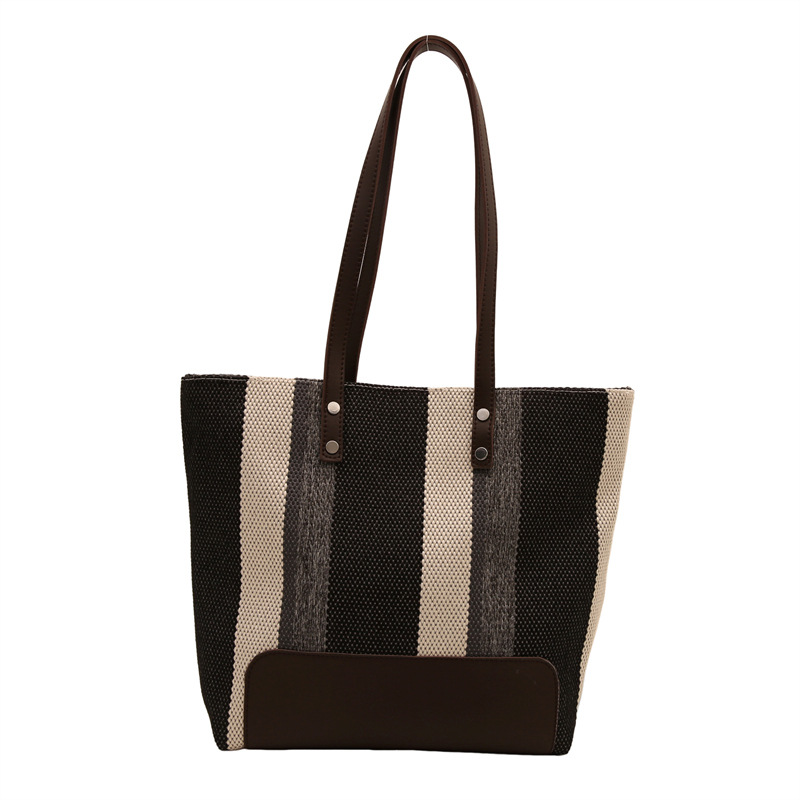 Stylish and high-quality women's bag 2024 New style, color-blocking striped canvas commuter tote bag, trendy single-shoulder bag Item Picture