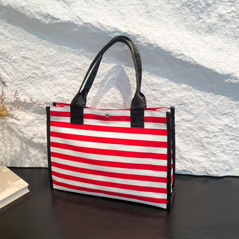 Canvas bag, women's office handbag, large-capacity striped single-shoulder storage hand-held bag, fashionable shopping bag for going out full figure