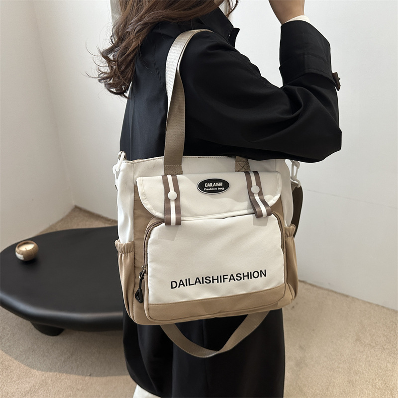 Japanese-style color-blocking students carry multi-pocket canvas crossbody bags for tutoring and large-capacity single-shoulder girls' bags for classes details Picture