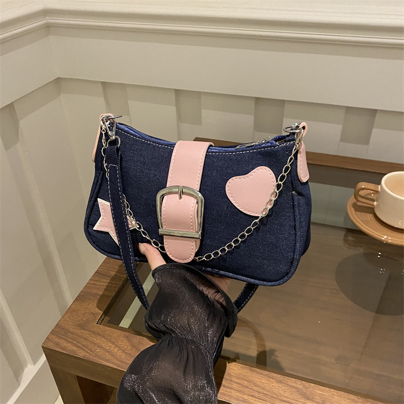 Korean retro denim bag for women's autumn 2024 new style single-shoulder crossbody bag, high-end and versatile ins underarm bag full figure