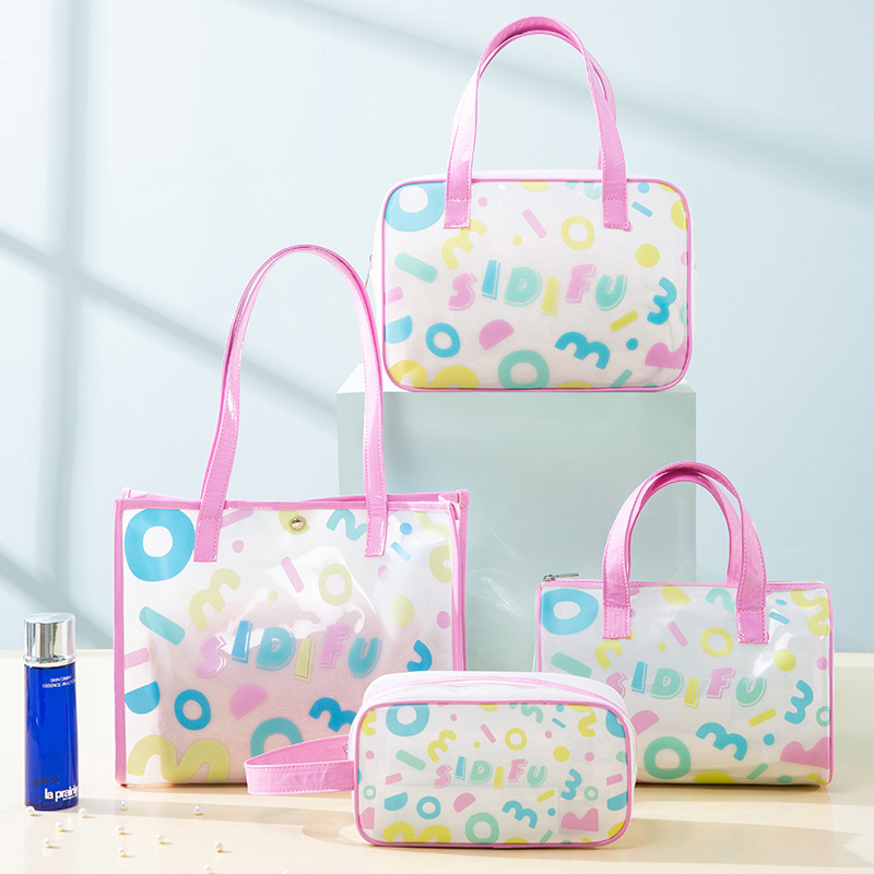 New transparent toiletry and makeup bag, outdoor tote bag, bathing and swimming bag, women's pvc storage bag four-piece set full figure