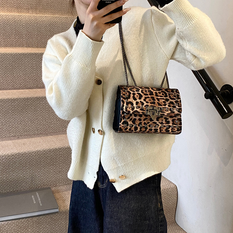 The 2024 new cross-border women's handbag features a stylish and retro chain leopard print bag with a unique and distinctive crossbody design Specification drawing
