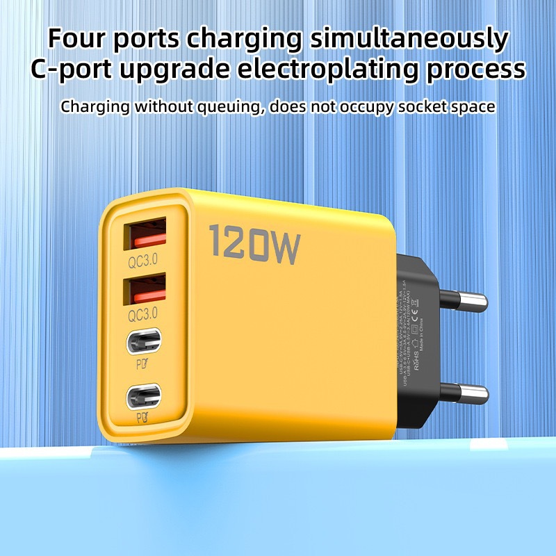 Cross-border 120W charger with dual PD+ dual Type-c mobile phone charging heads, multi-port charger for European, American and British standards Specification drawing