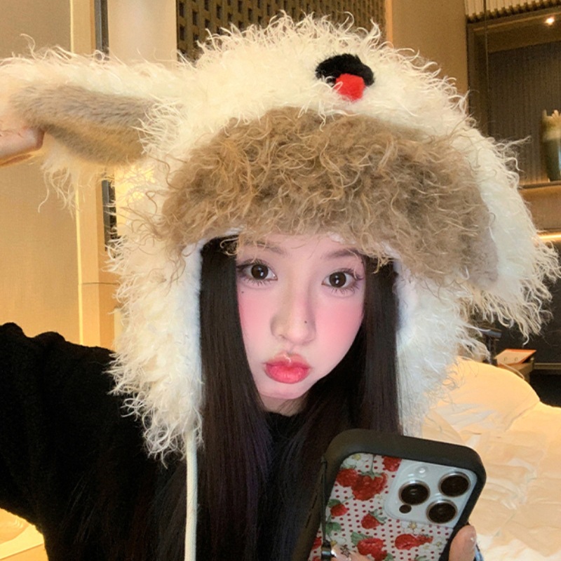 Cute furry little dog plush ear-protecting hat for girls 2024 autumn and winter thickened warm pile-up student cartoon Lei Feng hat Specification drawing