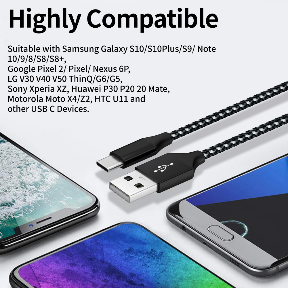 Nylon braided data cable is suitable for fast charging of Apple and Android mobile phones. USB to Micro Type-C charging cable Application Scenario