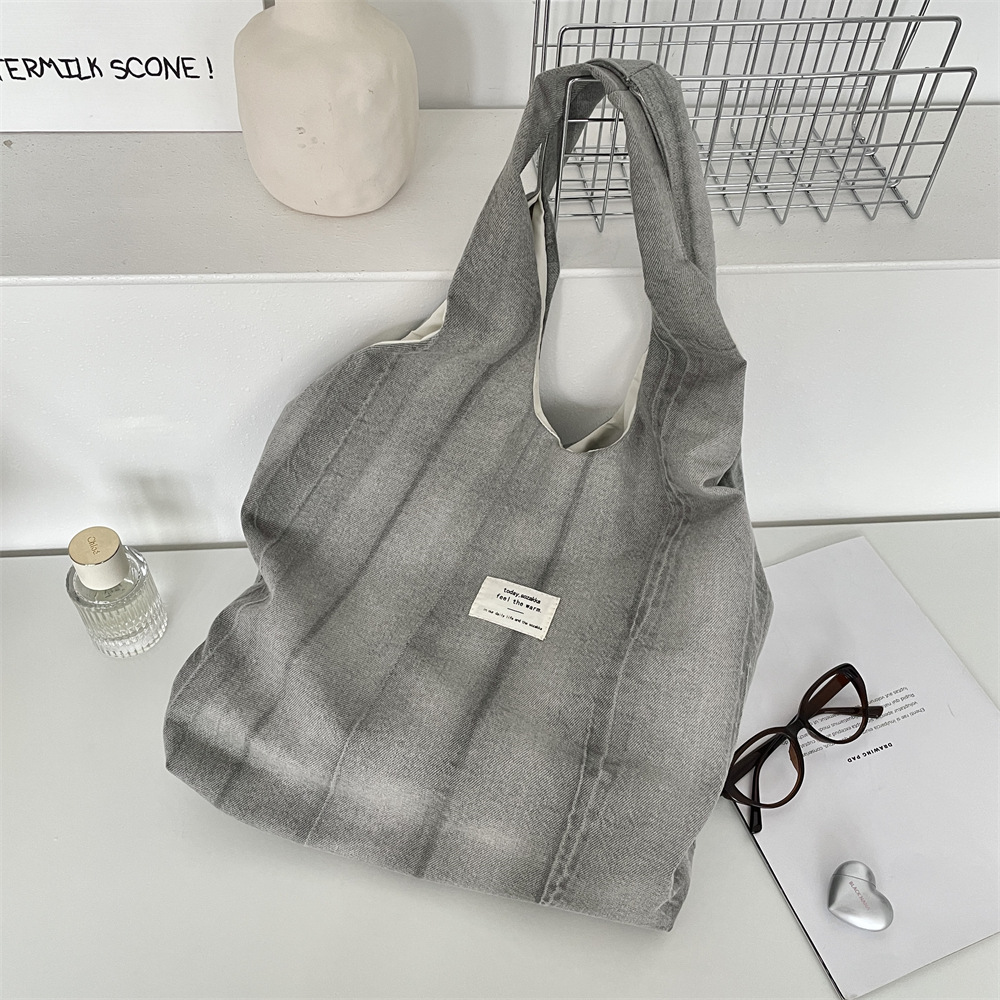5753 Trendy tie-dyed denim grey single-shoulder backpack, canvas bag, student handbag, large-capacity fabric bag for shopping full figure