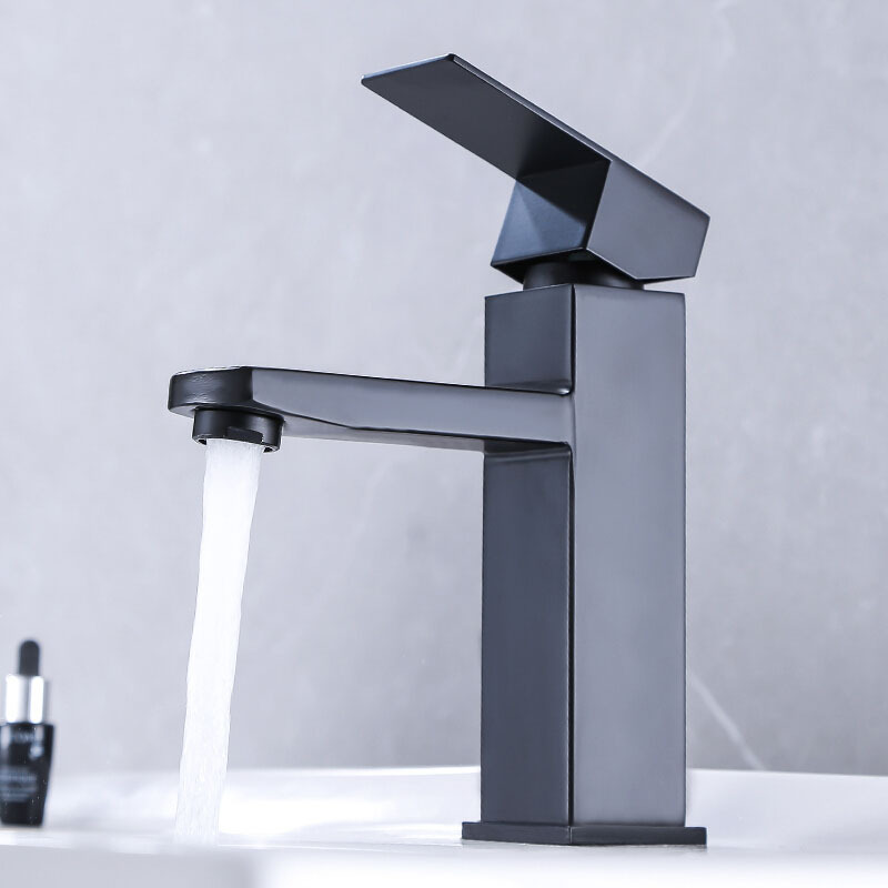 Stainless steel black washbasin faucet, cold and hot European-style baked paint bathroom, square high single-hole washbasin faucet details Picture