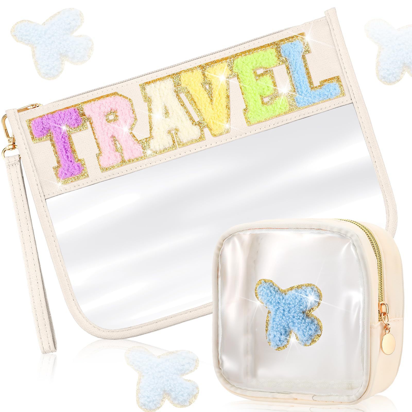 Amazon Cross-border Chenille Letter cosmetic Bag, PVC large capacity portable transparent cosmetic bag, travel toiletry bag Specification drawing