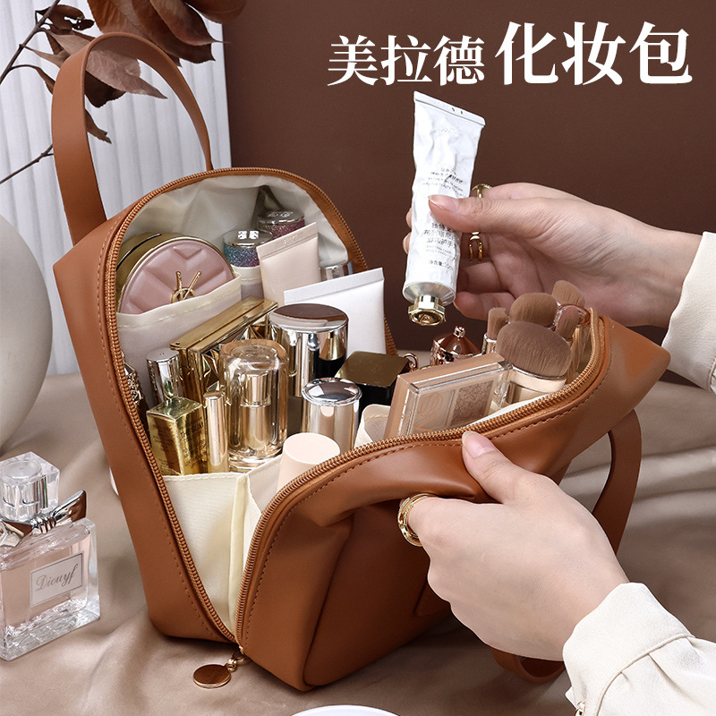 PU makeup bag, large capacity, high-end feel, zoned storage, travel handbag, ins style, high appearance level, multi-functional toiletries bag details Picture